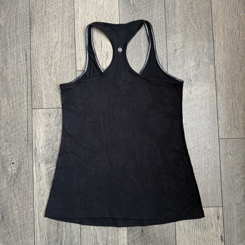 Lululemon Black Racerback Tank Top Floral Mesh Stretch Running Active Women's 8